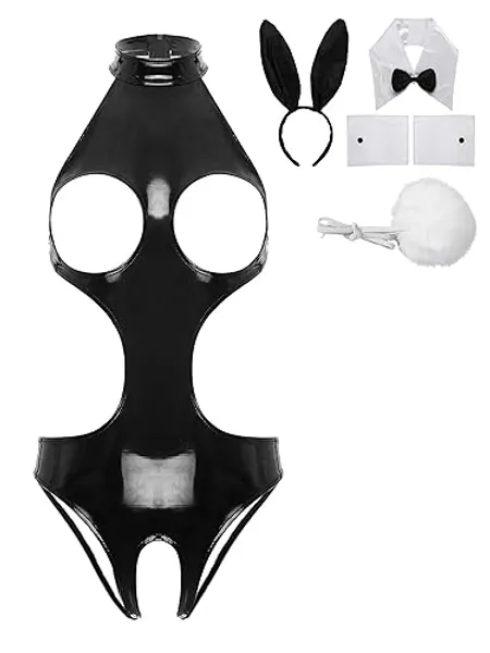 Miutii Women's Sexy Bunny Girl Cosplay Costume Wetlook Cutout Bodysuit Naughty Rabbit Lingerie Set - Cutout Black