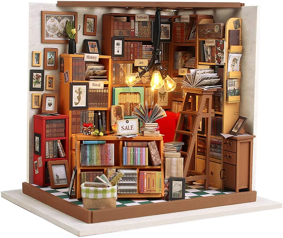 Fsolis DIY Dollhouse Miniature Kit with Furniture, Book Store Dollhouse 3D Wooden Miniature House, Library Miniature Dolls House kit 1:24（Sam’s Study） - Dg102