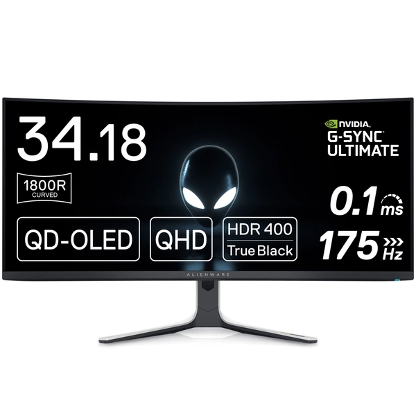 Alienware 34 Inch Curved Gaming Monitor QD-OLED, QHD, 175Hz Refresh Rate, 0.1ms Response Time, NVIDIA G-Sync Ultimate, 1440p Resolution, Lunar Light, AW3423DW