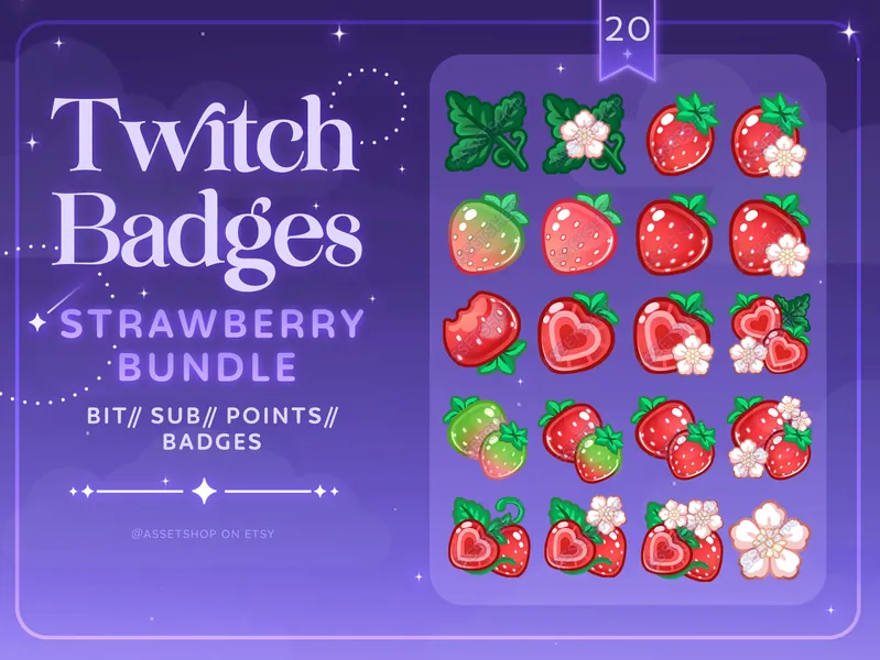 Strawberry Badge Bundle (20 pack) - for Twitch/Youtube/Discord | Cute Fruit & Bloom Icons with Flairs | Sub | Cheer | Bits | Loyalty | Roles