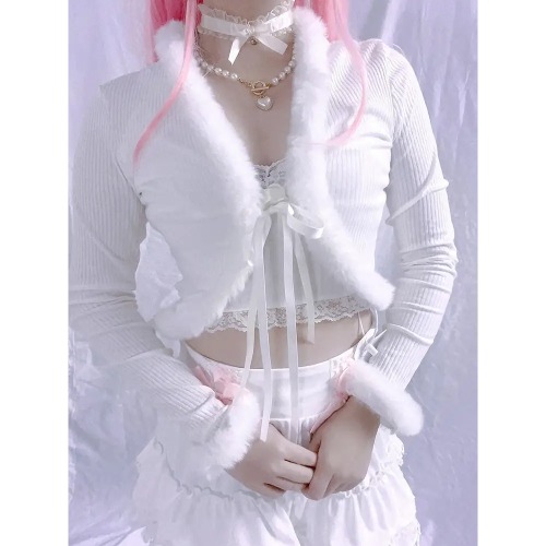 White Fur Trim Striped Cable Knit Cardigan for Cozy Days - White / L