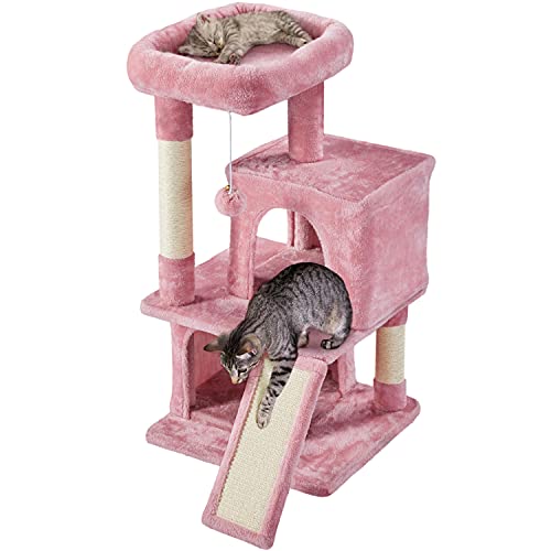 Yaheetech Cat Tree Cat Tower Play House Climber Stand Furniture with Scratching Post, Plush Perch, Dangling Ball, Two Condo and Ramp, for Kittens, Cats and Pet, Pink - Pink