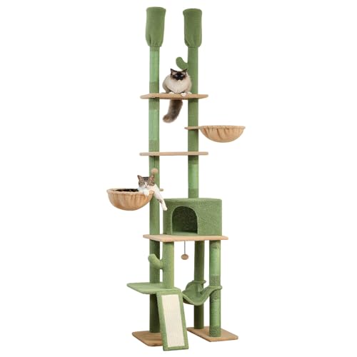 PAWZ Road Cactus Cat Tree Floor to Ceiling Cat Tower with Adjustable Height(85-112 Inches), 7 Tiers Climbing Activity Center with Cozy Hammocks, 5 Platforms and Scratching Posts for Indoor Cats - Green - Dual Posts
