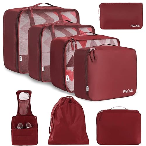 BAGAIL 8 Set Packing Cubes Luggage Packing Organizers for Travel Accessories-Wine Red - Wine Red - 8 Set