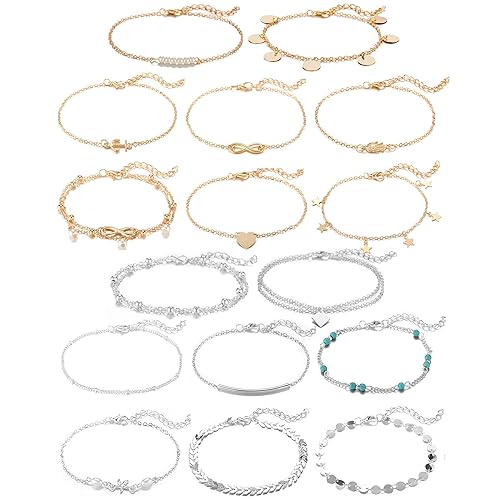 Softones 16Pcs Ankle Bracelets for Women Gold Silver Two Style Chain Beach Anklet Bracelet Jewelry Anklet Set,Adjustable Size - C:8-Gold 8-Silver
