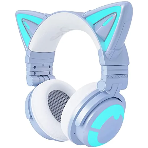 YOWU RGB Cat Ear Headphone 3G Wireless 5.0 Foldable Gaming Headset with 7.1 Surround Sound, Built-in Mic & Customizable Lighting and Effect via APP, Type-C Charging Audio Cable -Blue