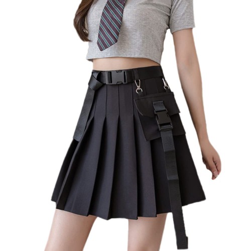 YM YOUMU Mini jupe plissée style gothique pour femme Harajuku avec ceinture et poche avant