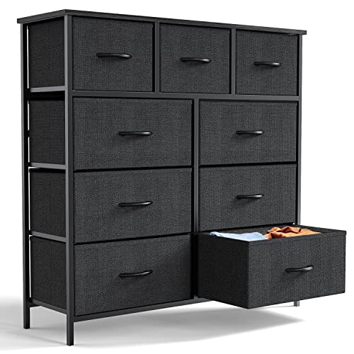 Dresser, Dresser for Bedroom, Storage Drawers, Tall Dresser Fabric Storage Tower with 9 Drawers, Chest of Drawers with Fabric Bins, Steel Frame, Wooden Top for Kid Room, Closet, Entryway, Nursery - Black