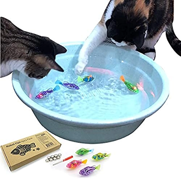 Indoor Cat Interactive Swimming Fish Toy- Best Water Cat Toy for Indoor Cats, Play Fishing, Good Exercise, Drink More Water, led Light, Battery Included (Swimming Bowl is not Included) (4 Pcs)