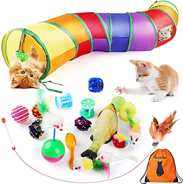 Dorakitten Cat Toys Kitten Toy Tunnel - 20PCS Indoor Interactive Toy Includes - Rainbow Tunnel Feather Teaser Fluffy Mouse Crinkle Balls Spring Toy Catnip Fish for Cats | Kitty