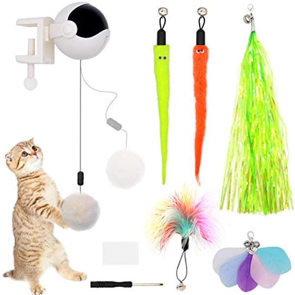ZALALOVA Interactive Cat Toys, Automatic Lifting Cat Teaser & Teaser Ball w/ 5 Refills Cat Plush Toys Feather Toys Electric Puzzle Pet Toys Lifting Flutter Cat Exercise Toys （5 Minutes Auto-Off）