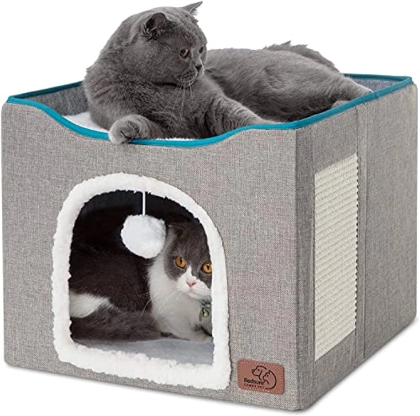 Bedsure Cat Beds for Indoor Cats - Large Cat Cave for Pet Cat House with Fluffy Ball Hanging and Scratch Pad, Foldable Cat Hideaway,16.5x16.5x14 inches, Grey