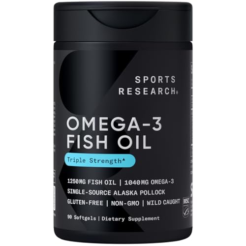 Sports Research Triple Strength Omega 3 Fish Oil - Burpless Fish Oil Supplement w/EPA & DHA Fatty Acids from Single-Source Wild Alaska Pollock - 1250 mg, 90 ct - 90 Count (Pack of 1)