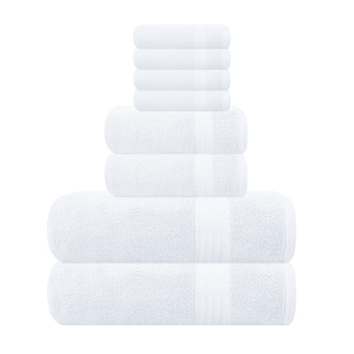 GLAMBURG Ultra Soft 8-Piece Towel Set - 100% Pure Ringspun Cotton, Contains 2 Oversized Bath Towels 27x54, 2 Hand Towels 16x28, 4 Wash Cloths 13x13 - Ideal for Everyday use, Hotel & Spa - White - 8 Piece Towel Set - White