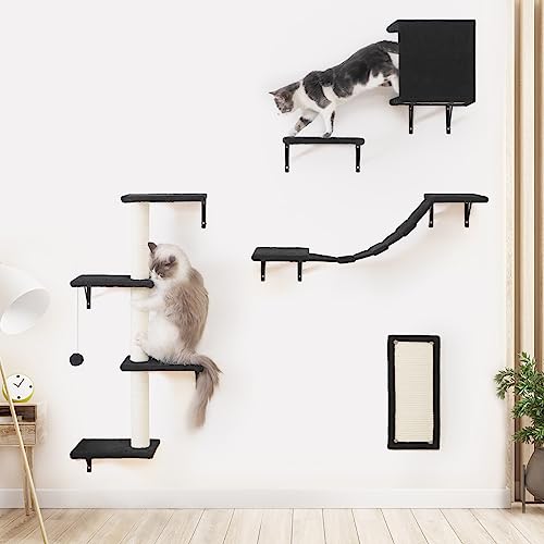 Modern Wall-Mounted Cat Furniture - 5pcs Cat Wall Shelves, Stable Wooden Cat Climber with Cat House, Bridge, Tree, Steps, and Scratcher - Black - Black