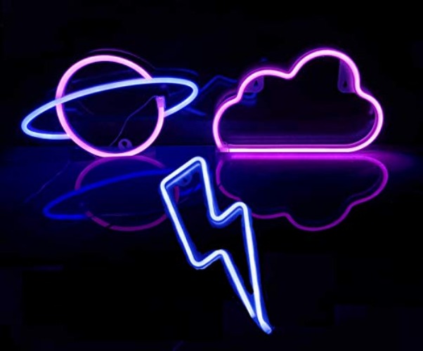 VIOPVERY 3 Pcs Neon Signs for Wall Decor, LED Neon Lights Signs for Bedroom Wall, LED Cloud Lightning Planet Neon Lights for Kids Room,Gift,Party,Birthday,Christmas,Wedding,Bar - Cloud Lightning Planet
