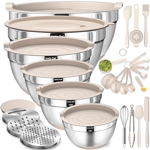 Mixing Bowls with Airtight Lids Set, 26PCS Stainless Steel Khaki Bowls with Grater Attachments, Non-Slip Bottoms & Kitchen Gadgets Set, Size 7, 4, 2.5, 2.0,1.5, 1QT, Great for Mixing & Serving - Khaki