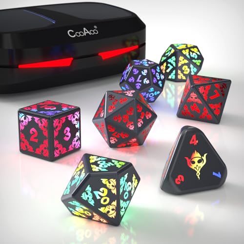 CooAoo Light Up DND Dice Set, Wireless Rechargeable LED Dice with Charging Box, 7 PCS Electronic Dice Set, Glowing RGB Polyhedral D&D Dice for Dungeons and Dragons PRG MTG Gifts Tabletop Games (Wing) - Skull
