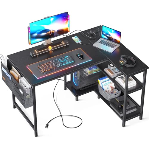 ODK 40 Inch Small L Shaped Gaming Computer Desk with Power Outlets, Reversible Storage Shelves & PC Stand for Home Office, Simple Writing Study Table with Storage Bag for Small Space, Black - Black - 40 inch