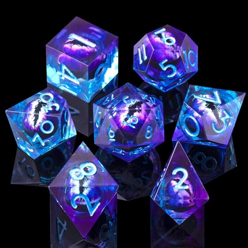 YEMEKO Beholder'S Eye DND Dice- Dragon Eye Liquid Core Sharp Edge Handmade Dice Set for Dungeons and Dragons Ttrpg, Multi-Sided RPG Polyhedral Resin Roleplaying(Blue Purple - Dragon Eye-blue Purple