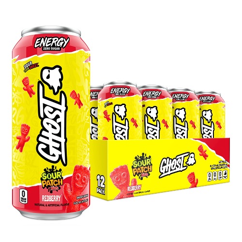 GHOST ENERGY Sugar-Free Energy Drink - 12-Pack, SOUR PATCH KIDS Redberry, 16oz - Energy & Focus & No Artificial Colors - 200mg of Natural Caffeine, L-Carnitine & Taurine - Soy & Gluten-Free, Vegan