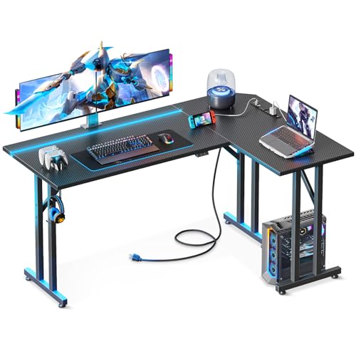 MOTPK L Shaped Gaming Desk with Led Lights, 51 Inch Gaming Computer Desk with Carbon Fiber Texture, Pc Gaming Table with Power Outlet and Headphone Hook, L Desk for Gaming, Black - 51 Inch - Black
