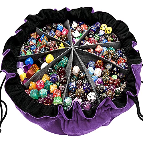 SIQUK Large Dice Bag with Pockets Big Capacity Dice Bag Drawstring Dice Pouch DND Dice Storage Bag for RPG MTG Table Games, Hold Over 300 Dice, Dark Violet - Dark Violet