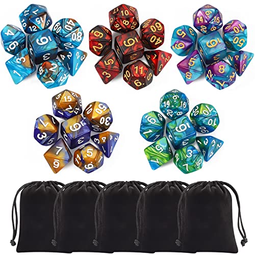 CiaraQ Polyhedral Dice Set (35 Pieces) with Black Pouches, 5 Complete Double-Colors Dice Sets of D4 D6 D8 D10 D% D12 D20 Compatible with Dungeons and Dragons DND RPG MTG Table Games - 35pcs