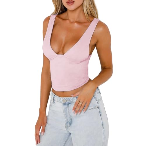 Women's Sexy Plunge Deep V Neck Crop Tank Tops Sleeveless Backless Wide Strap Cami Shirt Basic Y2k Going Out Top - Small - Pink
