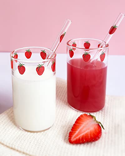 Kreapa strawberry cups 2 SetsCute glass strawberry cups 300ML straw glass cups, Cute strawberry pattern glass bottles for water milk tea, coffee juice tea cups （2pcs） - 2set NANA