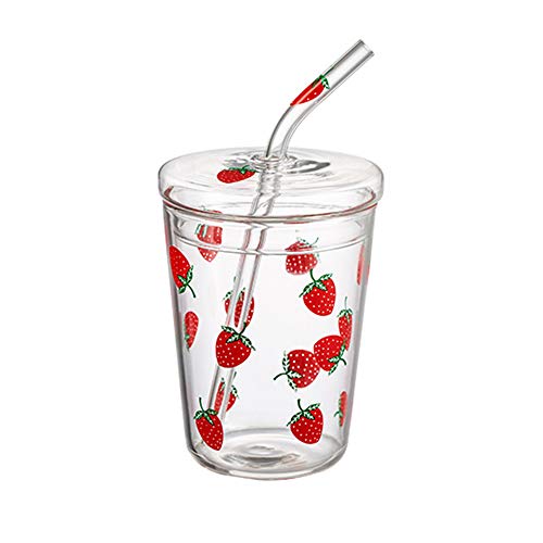 JHNIF 10 Oz Lovely Strawberry Clear Glass Tumbler with Lid and Straw. - Tumbler
