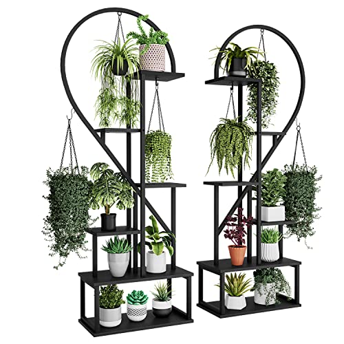 POTEY 6 Tier Metal Plant Stand, Creative Half Heart Shape Ladder Plant Stands for Indoor Plants Multiple, Plant Shelf Rack for Home Patio Lawn Garden (Black Board 2 Pack) - Black - 2 Pack