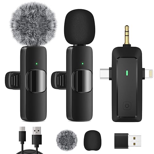 HMKCH Micro Cravate sans Fil pour iPhone/Téléphone Android/Caméra/Ordinateur Portable, Microphone Professionnel à Double Revers avec Prise USB-C/3,5 mm/USB pour Enregistrement vidéo, Vlog - Noir