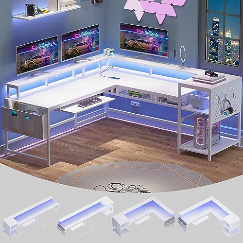 SEDETA L Shaped Gaming Desk, Reversible Home Office Desk or Corner Desk, Gaming Desk with Power Outlets & LED Strip, Monitor Shelf, Keyboard Tray, Pegboard and Storage Shelves, White - White