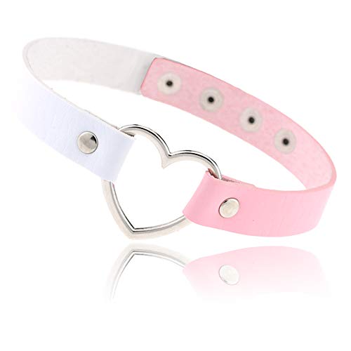 ETHOON Love Heart Adjustable Leather Choker Punk PU Necklace Goth Choker Soft Collar Chain for Women Girls - Heart-WhitePink