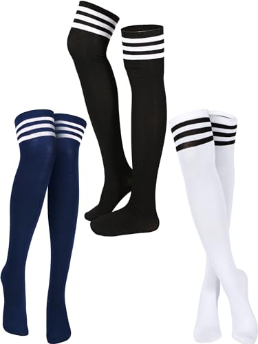 SATINIOR 3 Pairs Knee High Socks Thigh High Socks Triple Stripe over the Knee Socks Long Opaque Thigh High Stockings - One Size - Black, White, Navy Blue