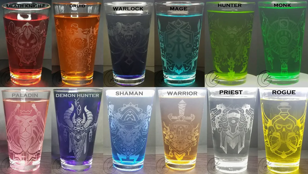 WoW Class Crest Inspired Etched Pint Glasses