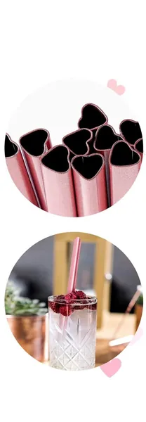 Pink Heart Shaped Reusable Straw, 8.5 inch reusable metal straw, Shimmer Pink, Valentine straws