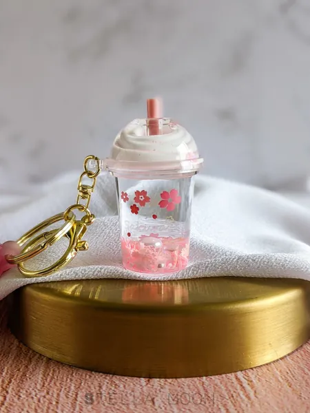 Cherry Blossom Drink Keychain, Pink Sakura Liquid Key Chain, Floral Glitter Shaker Key Ring, Flower Bag Charm, Spring Pearl Gold Accessory