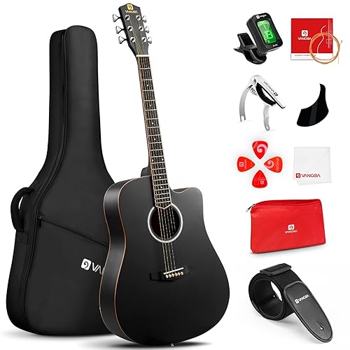 Vangoa 4/4 Akustik Gitarre Volle Größe Cutaway Westerngitarre 41 Zoll für Anfänger Erwachsene Akustikgitarre Set mit Anfänger Kits, Schwarz - 4/4 - Schwarz
