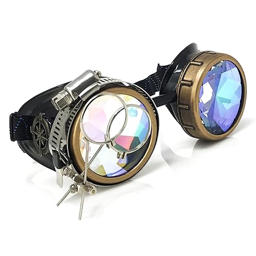 UMBRELLALABORATORY Steampunk Victorian Style Goggles with Compass Design, Colored Lenses & Ocular Loupe - A.kaleidoscope 3d Rainbow