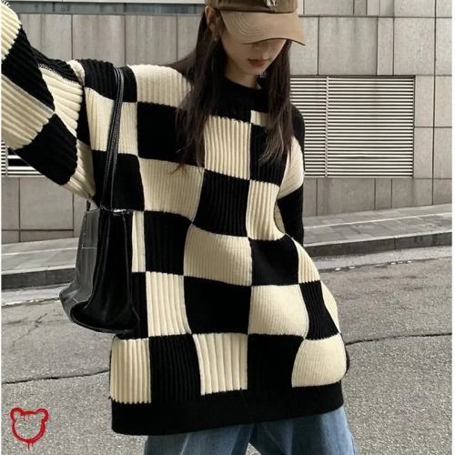 Black Checkerboard Sweater - as shown / M