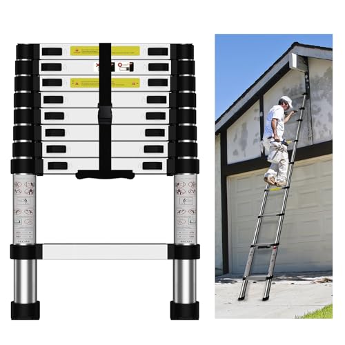SDOER Telescoping Ladder: 12.5 FT Aluminum Extension Ladder Folding Compact Portable Anti-Slip Collapsible Ladders for Home Attic RV Loft Roof - 12.5FT