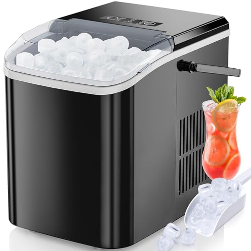 Sweetcrispy Ice Maker Countertop, Portable Ice Machine Self-Cleaning with Ice Scoop, Basket and Handle, 9 Cubes in 6 Mins, 26.5lbs/24Hrs, 2 Sizes of Bullet Ice for Home Kitchen Office Party, Black - 26.5Lbs/24H - Black - 1