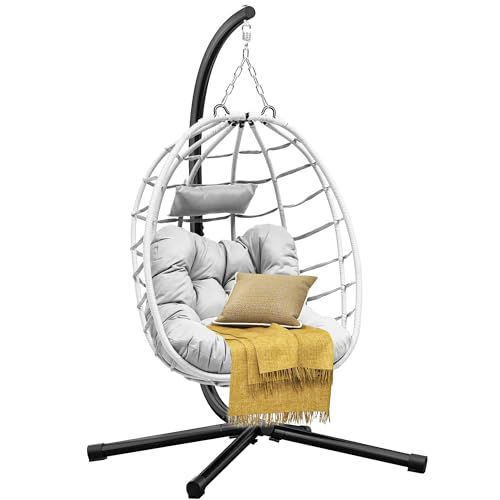 DWVO Egg Hanging Swing Chair with Stand Egg Chair Wicker Indoor Outdoor Hammock Egg Chair with Cushions 330lbs for Patio, Bedroom, Garden and Balcony, Light Gray - Light Gray