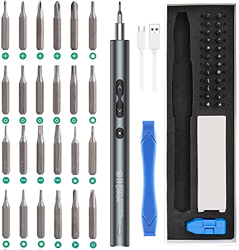 AMIR Electric Screwdriver (Newest) 28 IN 1 Cordless Mini Power Precision Screwdriver Set with 24 Bits, Rechargeable Portable Magnetic Repair Tool Kit with LED Lights for Phones Watch Jewelers Laptops - Silver