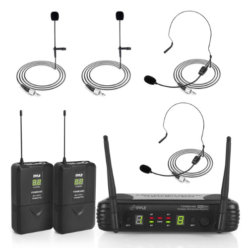 Pyle 2 Channel Wireless Microphone System - Portable UHF Digital Audio Mic Set with 2 Headset, 2 Lavalier lapel, 2 Transmitter, ¼’’ cable, power adapter - For Karaoke, PA, DJ, - PDWM3400