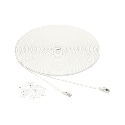 Amazon Basics RJ45 Cat 7 Ethernet Patch Cable, Flat, 600MHz, Snagless, Includes 25 Nails For Printer, 100 Foot, White - 100-Foot - White - 1