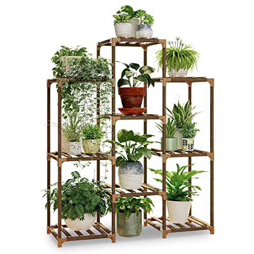 Bamworld Plant Stand Indoor Plants Shelf Outdoor Wood Plant Rack for 4 Tiers ,Large Flower Stand for Multiple Plants, Ladder Plant Holder for Living Room Boho Home and Gardening - B-Convex-9 Pot