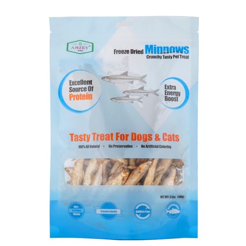 Amzey Minnows - 3.5 oz Freeze Dried - 100% Natural Premium Cat Treat, Dog Treat - Freeze Dried Minnows for Cats - Freeze Dried Minnows for Dogs - Bulk Package Minnows (1.6 "to 2.8" Length Each) - 3.5 Ounce (Pack of 1)